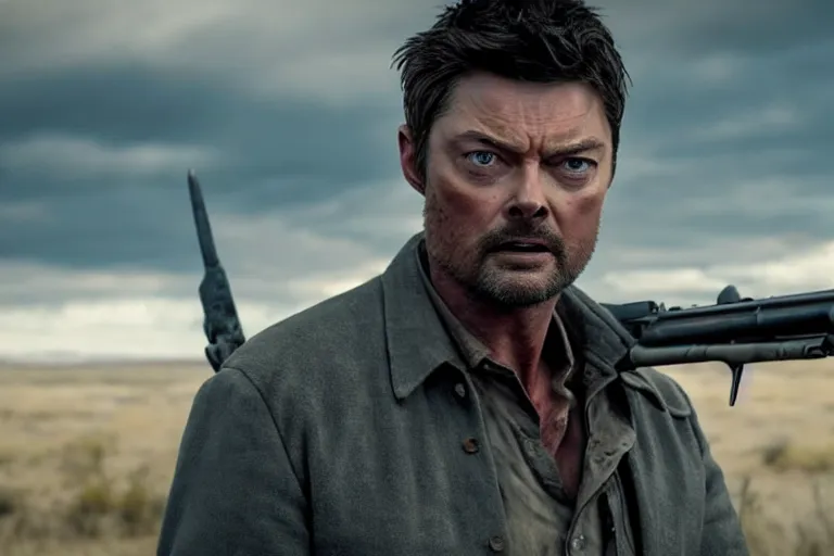 Image similar to a film still of Karl urban in logan, high quality