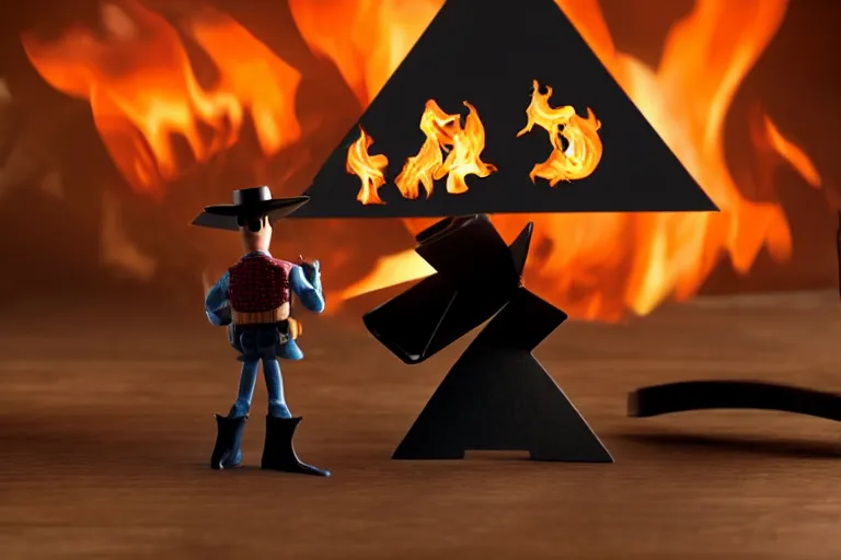 Image similar to Dark Knight Joker building a house of cards on top of a table, with a flaming background. 3d rendering, toy story style, pixar style, distant view, blurred background.