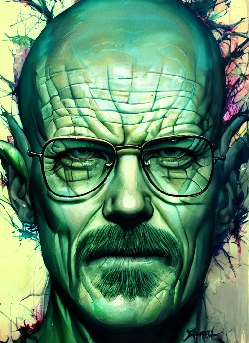 Image similar to a Demon Slayer portrait of Walter White, tall, pale-skinned, slender with lime green eyes and long eyelashes by Stanley Artgerm, Tom Bagshaw, Arthur Adams, Carne Griffiths, trending on Deviant Art, street art, face enhance, chillwave, maximalist, full of color, glittering