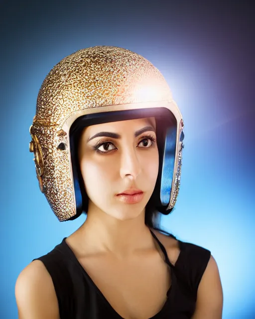 Image similar to centered medium shot fine studio photograph of a beautiful persian girl wearing only a mecha electronic persian helmet with bright lights, ultra-realistic, white background, 8k HDR sunset lit, intricate