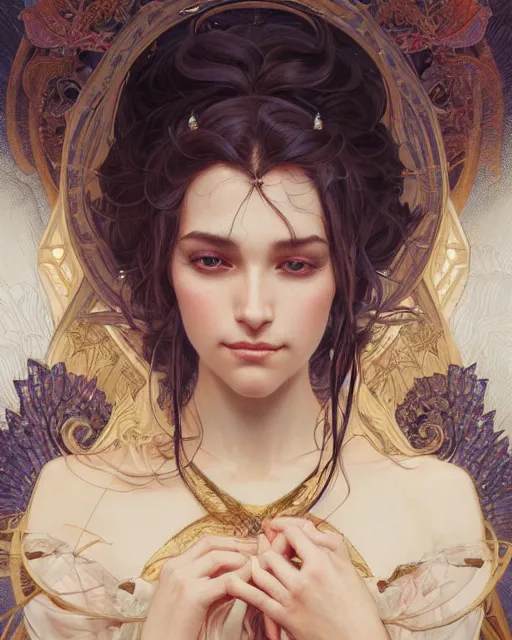 Image similar to portrait of a transcendental creature, d & d, fantasy, intricate, elegant, highly detailed, digital painting, artstation, concept art, smooth, sharp focus, illustration, art by artgerm and greg rutkowski and alphonse mucha