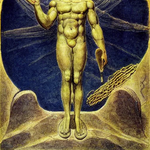 Prompt: The ancient greek titan prometheus bringing nuclear energy to humanity by William Blake
