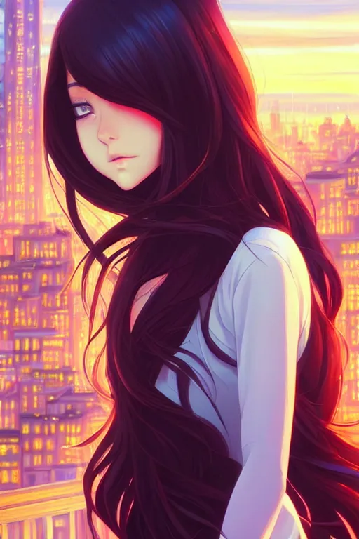 Image similar to a beautiful girl with long dark hair, city background, intricate, highly detailed, digital painting, artstation, official media, anime key visual, concept art, rich vivid colors, ambient lighting, sharp focus, illustration, art by Artgerm, Makoto Shinkai, Ilya Kuvshinov, Lois Van Baarle, and Rossdraws