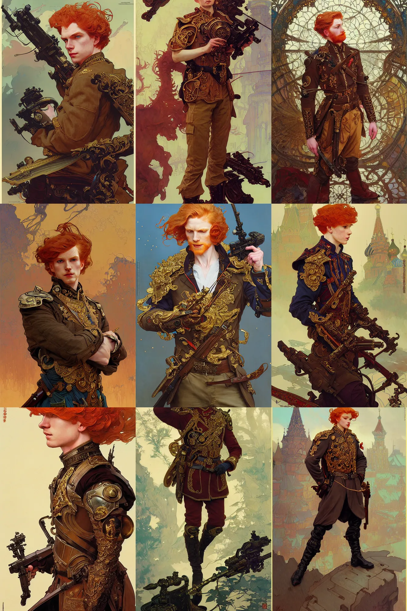 Prompt: young male officer, ginger hair, russian clothes, fantasy, highly detailed, intricate, smooth, art by joseph leyendecker, peter mohrbacher, ruan jia, marc simonetti, ayami kojima, cedric peyravernay, alphonse mucha, victo ngai