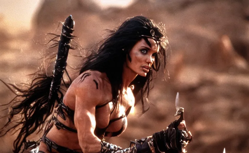 Prompt: epic photo of muscular angelina jolie as beautiful barbarian warrior princess with long curly black hair blowing in the wind in a battle scene, sweaty, detailed eyes, neutral expression, shallow depth of field, photorealistic, cinematic lighting, lovely bokeh, warm colours, dusk, movie quality, conan the destroyer 1 9 8 5, movie still