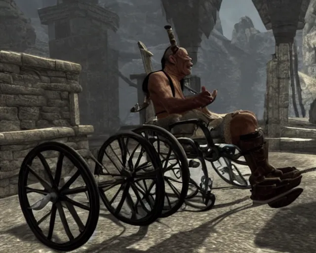 Image similar to hector salamanca on a wheelchair in skyrim, videogame screenshot, skyrim graphics