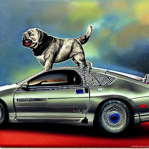 Image similar to hybrid Nissan 300zx pug dog, intricate detail, exquisite art, airbrush illustration,