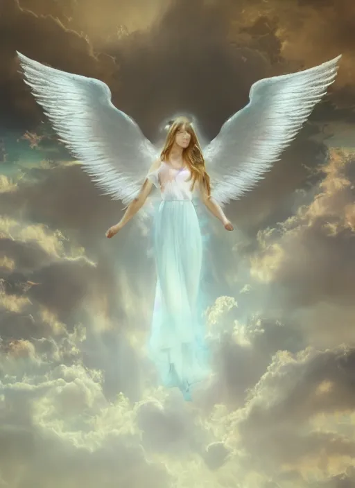 Prompt: painting of a floating angelic spirit made out of clouds and floating ribbons, beautiful female face, spectrum colours, angelic, realistic, raphaelites, baroque, renaissance, cinematic light, volumetric, octane render