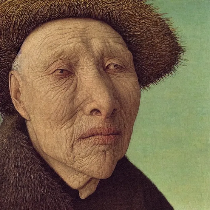 Image similar to close up frontal portrait of a dying old woman. thistle, clear gradient sky. jan van eyck