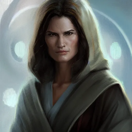 Prompt: portrait of a woman by greg rutkowski, grand jedi master jaina solo, star wars expanded universe, she is about 6 0 years old, wearing jedi robes, highly detailed portrait, digital painting, artstation, concept art, smooth, sharp foccus ilustration, artstation hq