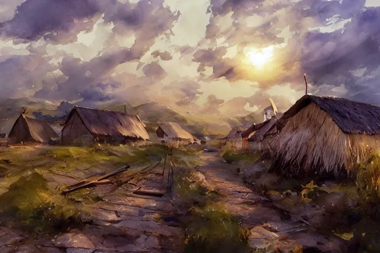 Prompt: paint brush strokes, abstract watercolor painting of rustic village at midday, straw roof, viking town, ambient lighting, art by hans dahl, by jesper ejsing, art by anders zorn, wonderful masterpiece by greg rutkowski, cinematic light, american romanticism by greg manchess, creation by tyler edlin