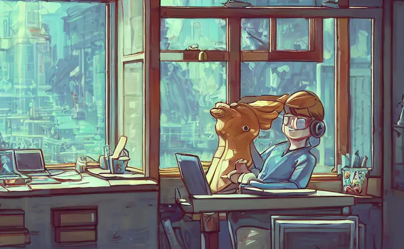 Prompt: Artstation Character sitting and relaxing in front of their work desk in their cozy room as a peaceful rainy city scene is seen through the room's window. Smooth Highly detailed masterpiece pixel-art. in the style of Close Highly detailed masterpiece professional artistry Sega, Namco, Neogeo, Capcom artist's Pixel-art. Trending on artstation. Slice-of-life genre art. Balanced colors and lighting scheme by James Gurney and artgerm. In the style of a 'Music to chill/study' to youtube video.