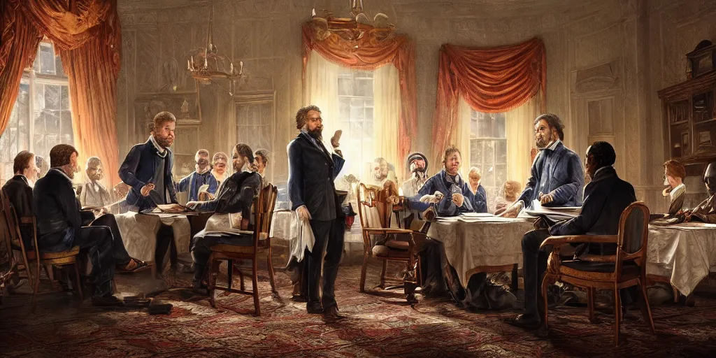 Image similar to five score years ago, a great american, in whose symbolic shadow we stand today, signed the emancipation proclamation. ultrafine highly detailed colorful illustration, intricate linework, sharp focus, octopath traveler, final fantasy, unreal engine highly rendered, global illumination, radiant light, intricate environment