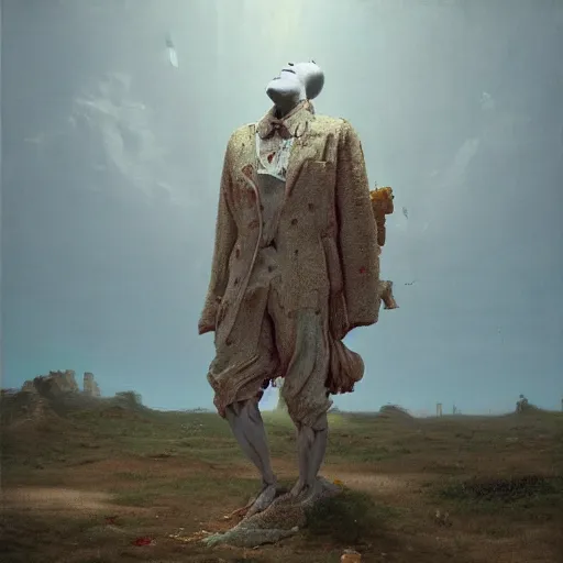 Image similar to whimsical chromatic hyperrealistic surrealism, clown, David Friedrich, award winning masterpiece with incredible details, Zhang Kechun, a surreal vaporwave vaporwave vaporwave vaporwave vaporwave painting by Thomas Cole of a gigantic broken mannequin head sculpture in ruins, astronaut lost in liminal space, highly detailed, trending on ArtStation