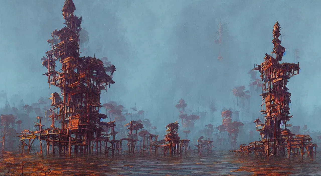 Prompt: single flooded simple wooden tower, very coherent and colorful high contrast ultradetailed photorealistic masterpiece by bruce pennington simon stalenhag, dark shadows, sunny day, hard lighting