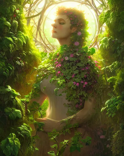 Prompt: organic cyborg beauty portrait overgrowth, flower ivy splash, radiant light, sylvain sarrailh, ferdinand knab, dan mumford