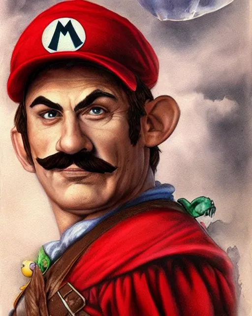 Image similar to portrait of super mario in lord of the rings, red cap, beautiful, very detailed, hyperrealistic, medium shot, very detailed painting by Glenn Fabry, by Joao Ruas