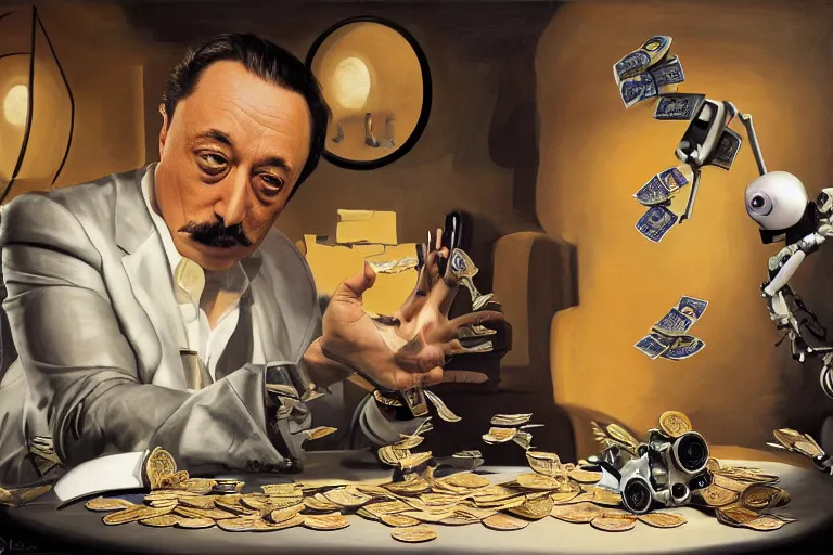 Prompt: Salvador Dali, WALL-E and Elon Musk counting money and holding keys, oil on canvas, artstation, portrait, masterpiece, aesthetic