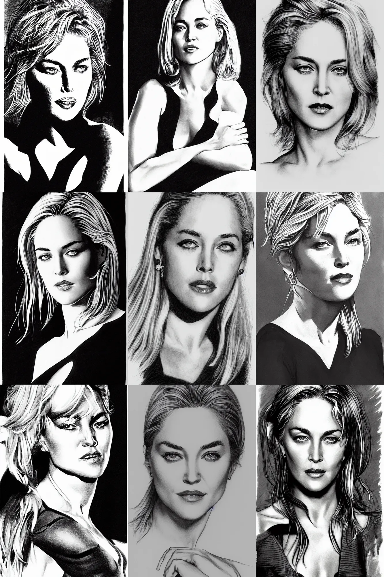 Prompt: black and white pen and ink drawing of young sharon stone, 2 2 years old by rob rey and jesper ejsing, artstation, above lighting, long shadows