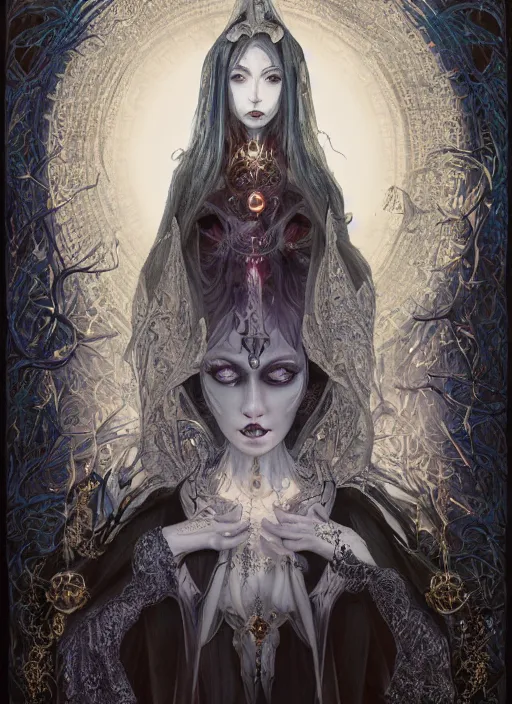 Prompt: breathtaking detailed art portrait painting of evil fantasy sorceress vampire, orthodox saint, with anxious, piercing eyes, ornate background, amalgamation of spells, by Hsiao-Ron Cheng, James jean, Miho Hirano, Hayao Miyazaki, extremely moody lighting, Black paper, cut paper texture, Full of light-blue and silver and white layers, 8K