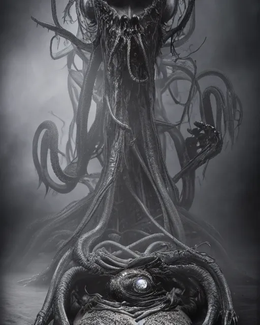 Image similar to gruesome creature with long tentacles and many eyes, endless eyes, glowing eyes, too many eyes, midnight fog - mist!, cinematic lighting, various refining methods, micro macro autofocus, ultra definition, award winning photo, photograph by ghostwave - gammell - giger - shadowlord