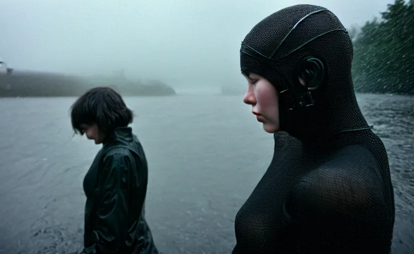 Prompt: cinestill 5 0 d candid photographic portrait by helen levitt of two loving female androids wearing rugged black mesh techwear in treacherous waters, extreme closeup, modern cyberpunk moody emotional cinematic, pouring rain, 8 k, hd, high resolution, 3 5 mm, f / 3 2, ultra realistic faces, ex machina