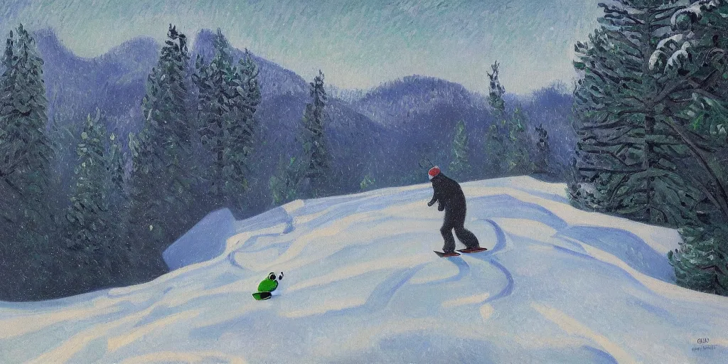 Image similar to pepe the frog snowboarding, gloomy landscape, expressive oil painting by christopher radlund and camille pissaro