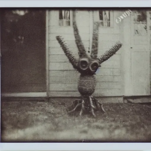 Prompt: A 1900's polaroid photograph of a spindley scary stick monster with bright eyes standing in front of a house