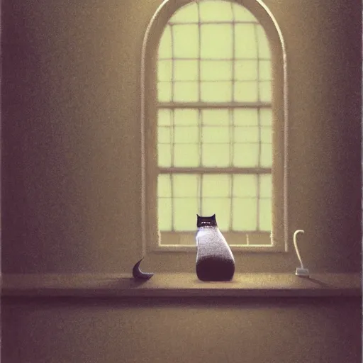 Prompt: a lonely man and a cat, by shaun tan