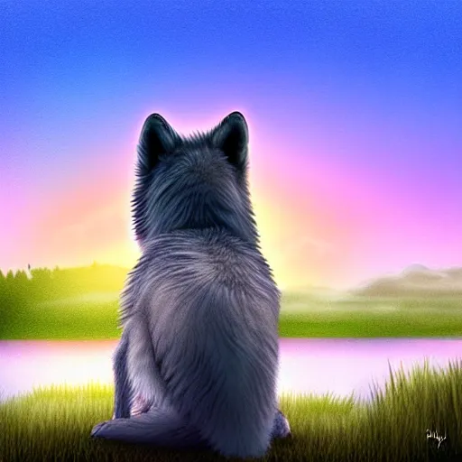 Image similar to view from behind of fluffy baby grey wolf sitting on the shore of a pond, looking out at a sunset, digital art, award winning stunning illustration