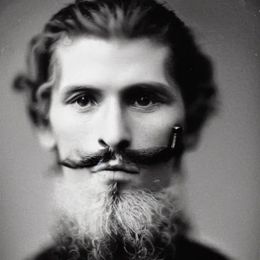 Image similar to A photograph portrait of Jerma985 with crazy hair and a pyramidal mustache in the late 1800s, taken in the late 1800s, 1870s, grainy, taken on a Field View Camera, realistic, hyperrealistic, very realistic, highly detailed, very detailed, extremely detailed, detailed, digital art, trending on artstation