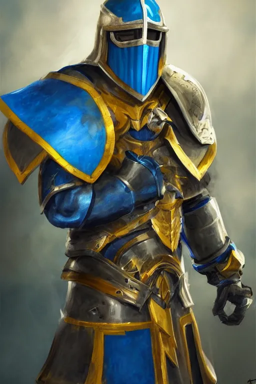 Prompt: a knight with blue tabard and a yellow cape and steel pauldrons and short blonde hair and a short blonde beard, realistic, detailed, trending on ArtStation, by Tony Sart