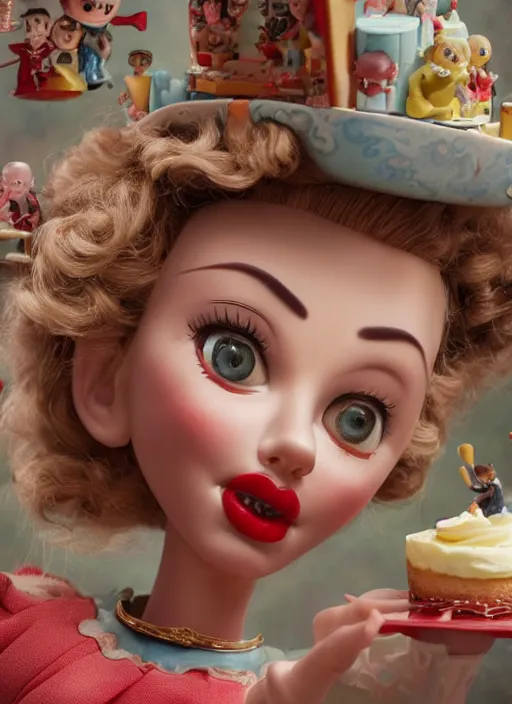 Prompt: closeup of a tin toy scarlett johansson eating cakes, depth of field, zeiss lens, detailed, symmetrical, centered, fashion photoshoot, by nicoletta ceccoli, mark ryden, lostfish, earl nore, hyung tae, frank frazetta, breathtaking, 8 k resolution, extremely detailed, beautiful, establishing shot, artistic, hyperrealistic, octane render