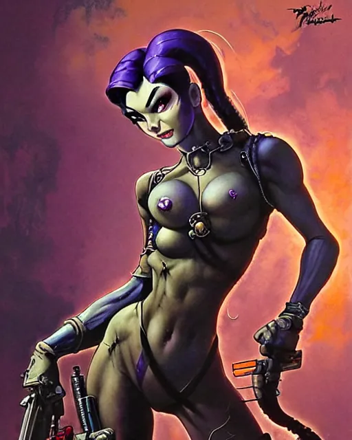 Image similar to widowmaker from overwatch, heavey metal magazine cover, character portrait, portrait, close up, concept art, intricate details, highly detailed, in the style of frank frazetta, esteban maroto, richard corben, pepe moreno, matt howarth, stefano tamburini, tanino liberatore, luis royo and alex ebel