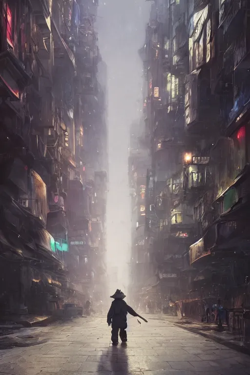 Image similar to a portrait of a small person wearing a cloke in the middle foreground walking in the street of a sci-fi city by Greg Rutkowski, Sung Choi, Mitchell Mohrhauser, Maciej Kuciara, Johnson Ting, Maxim Verehin, Peter Konig, final fantasy , mythical, 8k photorealistic, cinematic lighting, HD, high details, atmospheric,