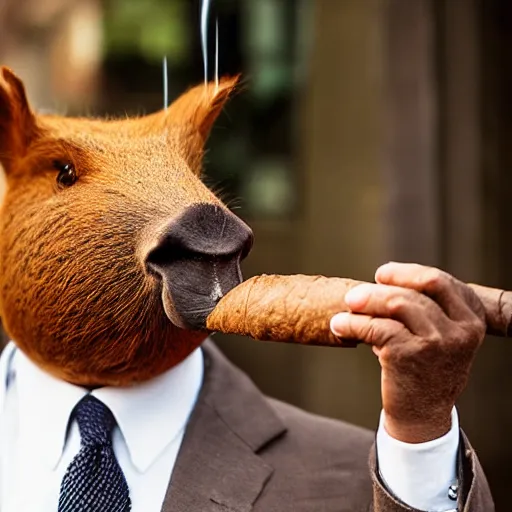 Image similar to smoking cigar, a man wearing a suit capybara head (smoking cigar)