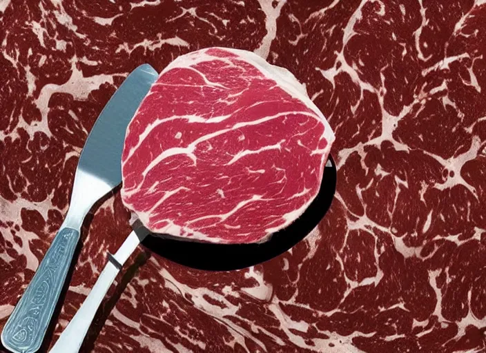 Image similar to NASA's Culinarity rover probes the surface of the meat planet with knives and forks, high resolution space probe photograph from the surface of a newly discovered planet made of pork