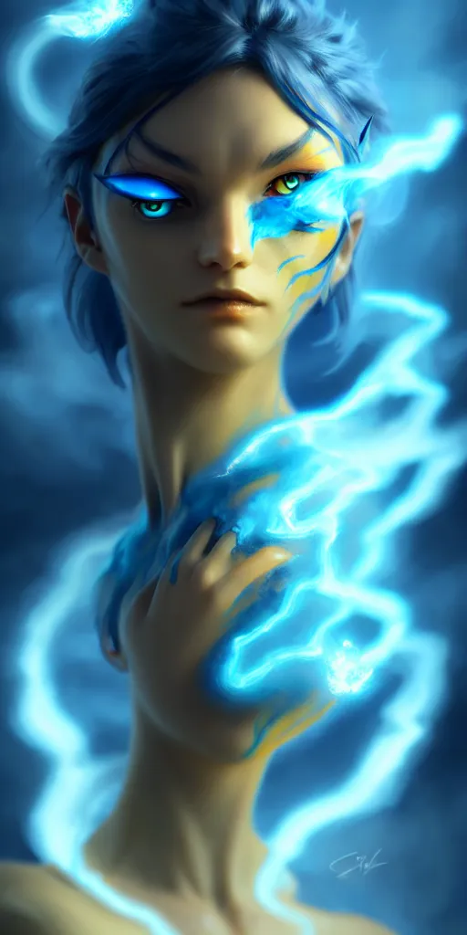 Image similar to wispy smoky polite blue air elemental djinn with yellow eyes and lightning; detailed, best on artstation, cgsociety, wlop, cosmic, epic, stunning, gorgeous, masterpiece