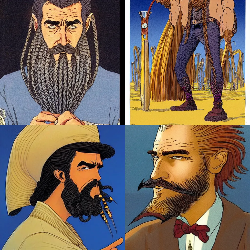 Prompt: Jean Giraud style long black forked braid beard thick eyebrows drinking a pint of beer