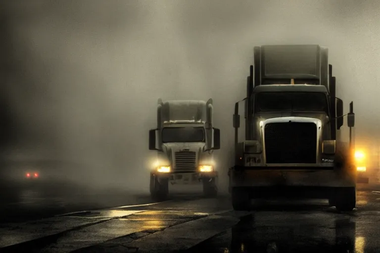 Prompt: epic concept art of an approaching truck and a man standing still. close - up man in foreground. backlight. strong contrast. by ashley wood and j. m. w. turner, speed painting, photo bash, cinematic angle, super detailing, strong perspective, traffic accident, haze over the shoulder shot