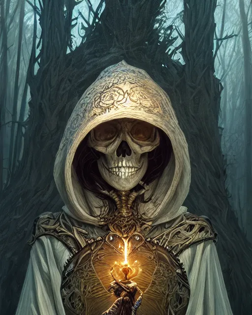 Image similar to Portrait of a skeleton mage wearing hood, dark fantasy, deep forest on background, mid-shot, intricate, elegant, highly detailed, digital painting, artstation, concept art, smooth, sharp focus, illustration, art by Sam Youn and Fernanda Suarez and Artem Demura and alphonse mucha