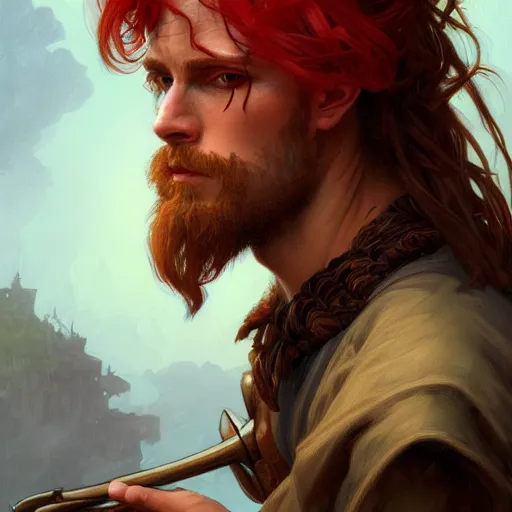 Image similar to portrait of a young rugged pirate, male, masculine, upper body, red hair, long hair, d & d, fantasy, intricate, elegant, highly detailed, digital painting, artstation, concept art, matte, sharp focus, illustration, art by artgerm and greg rutkowski and alphonse mucha