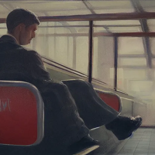 Image similar to a beautiful painting of a man sitting in a subway seat, rutkowski, realism, cinematic lighting