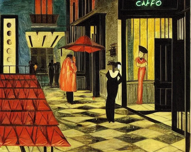 Prompt: melancholy rainy night at a cafe by de chirico