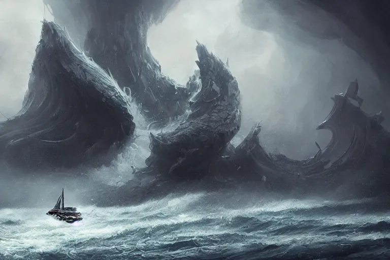 Prompt: Scylla and Charybdis, The Argo, Ancient Greek Trireme, Plows through storm tossed ocean waves, enormous Krakens, threaten from a rocky caves, the air is alive with rain lighting and fear by Jessica Rossier and HR Giger cinematic concept painting