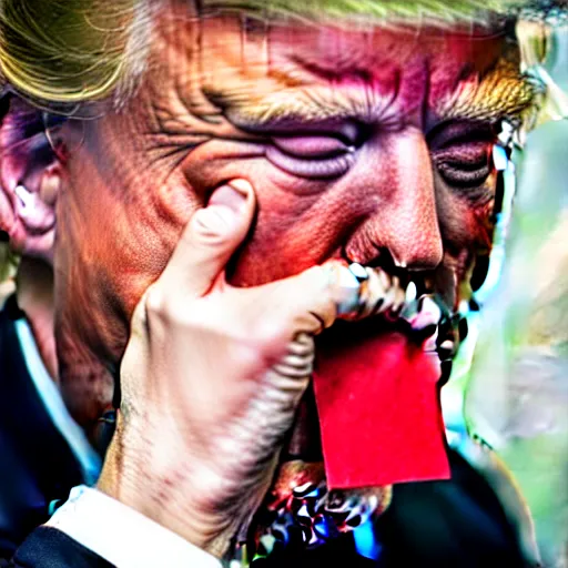 Image similar to candid portrait photo of president trump shoving a wad of paper into his mouth, eating stacks of paper, detailed portrait, 4 k, megapixel, sony a 7 s, f / 8, 2 4 mm lens, ap photo