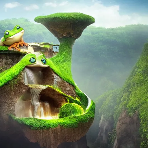 Image similar to waterfall village shaped like a frog, by benoit mandelbrot, filip hodas, vincent callebaut, mike campau and studio ghibli