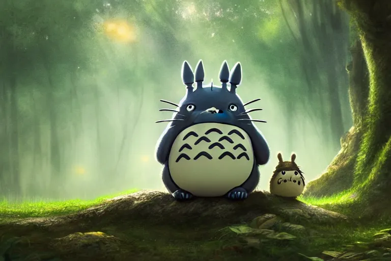 Image similar to photorealistic Totoro sitting in a forest, fantasy, CGI, animated movie, high detail, god rays, Trending on artstation, artstationHD, artstationHQ