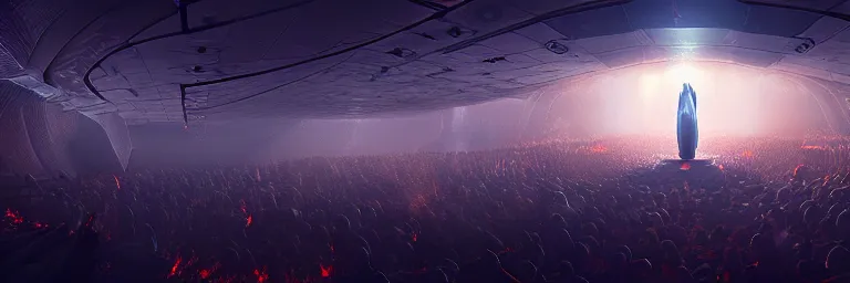 Image similar to a crowd of worshipers praying to a portal to hell, by Antoine Collignon, luminous lighting, cinematic, panoramic, aspect ratio 1:3