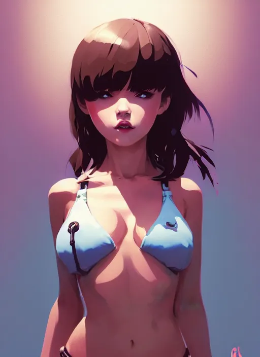 Image similar to portrait of cute maiden girl in cyber bikini armor, face by ilya kuvshinov, warhammer, cyberpunk, by atey ghailan, by greg rutkowski, by greg tocchini, by james gilleard, by joe fenton, by kaethe butcher, dynamic lighting, gradient light blue, brown, blonde cream and white color in scheme, grunge aesthetic